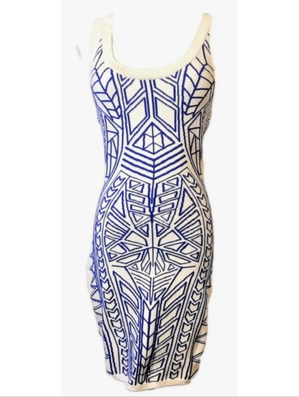 2B BEBE Cut Out Knit Mini Dress Size M Aztec Print Cream Blue Sexy Party NWT